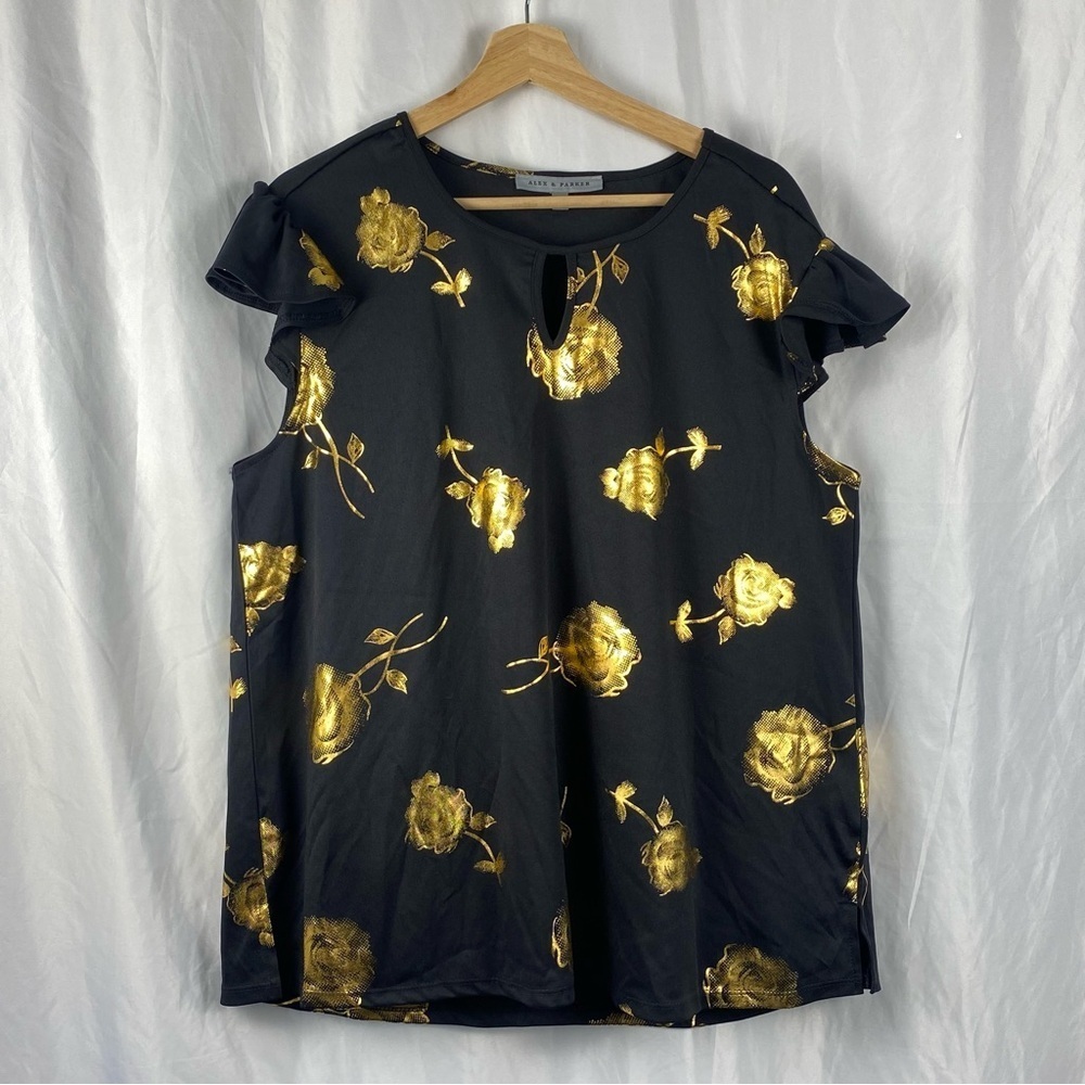 Alex and Parker Black and Gold Floral Women's Top Size Medium
